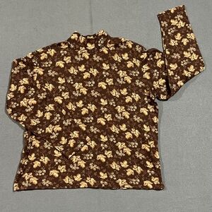 Women's Brown Floral Mock Neck Long Sleeve Top Fall‎ Autumn Cottagecore Grandma